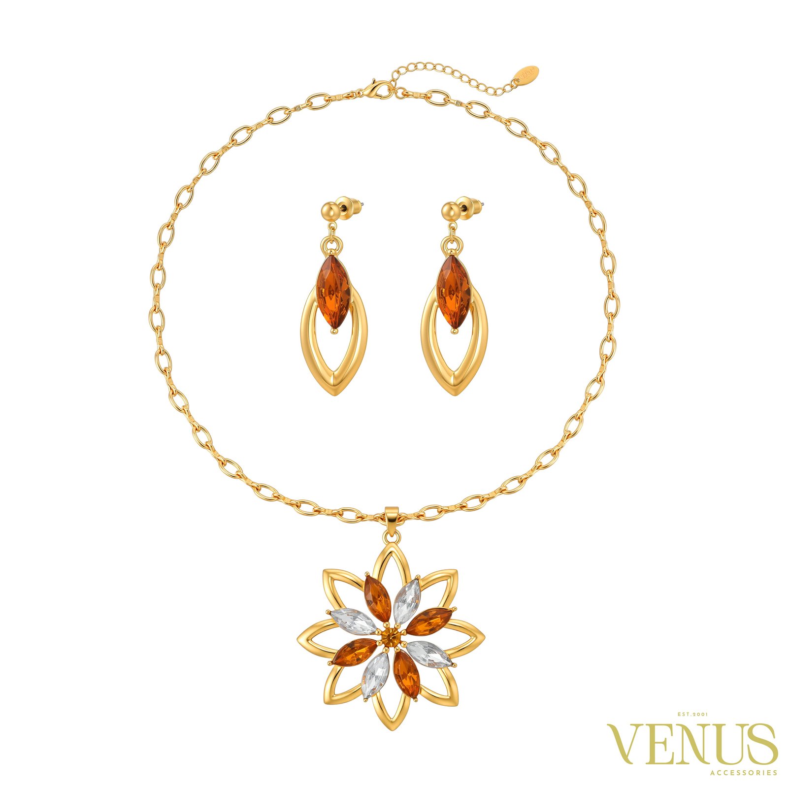 Floral Star Necklace & Earring Set – Gold