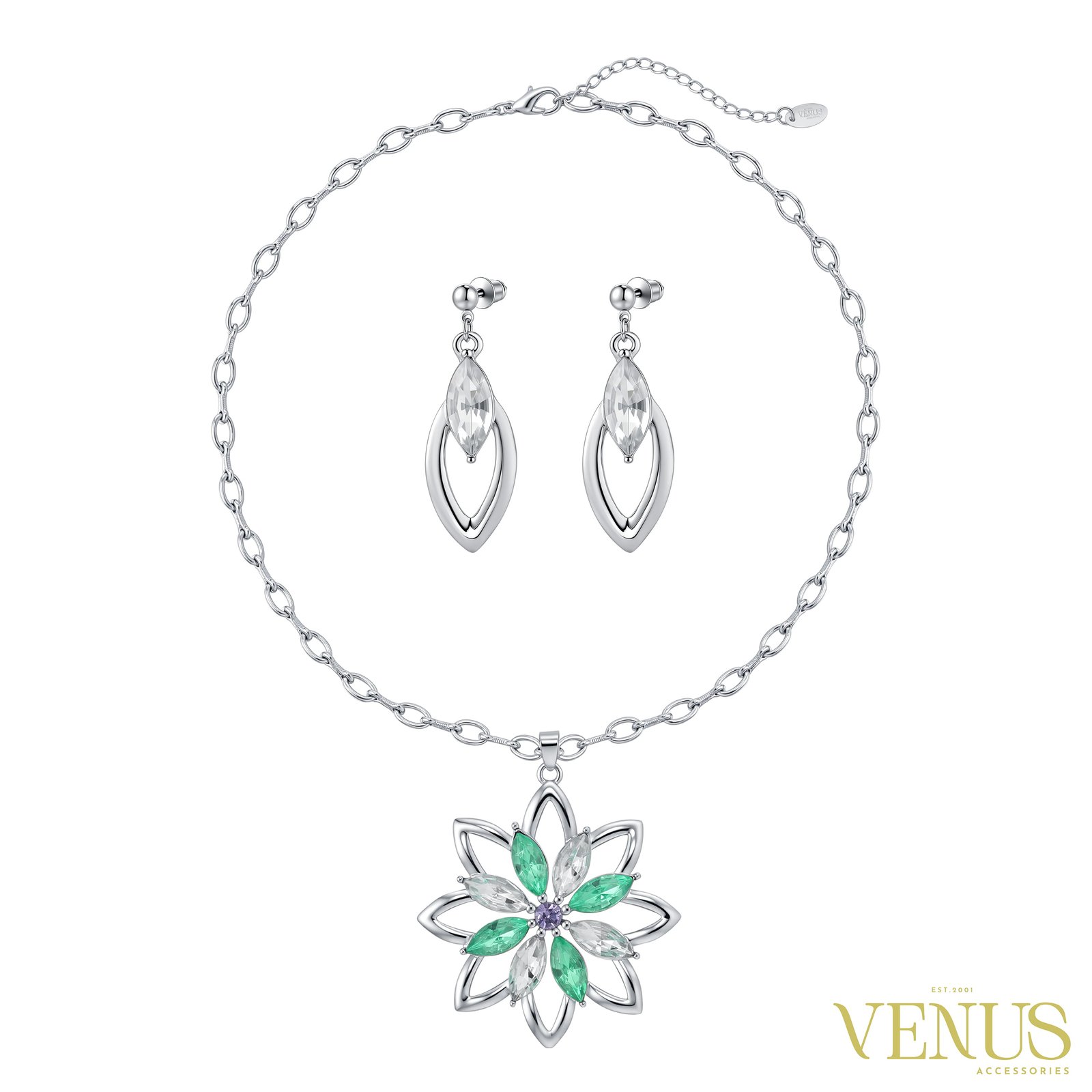 Floral Star Necklace & Earring Set – Silver