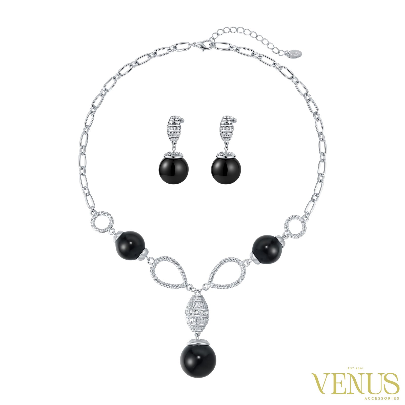Beaded Drop Necklace & Earring Set – Black
