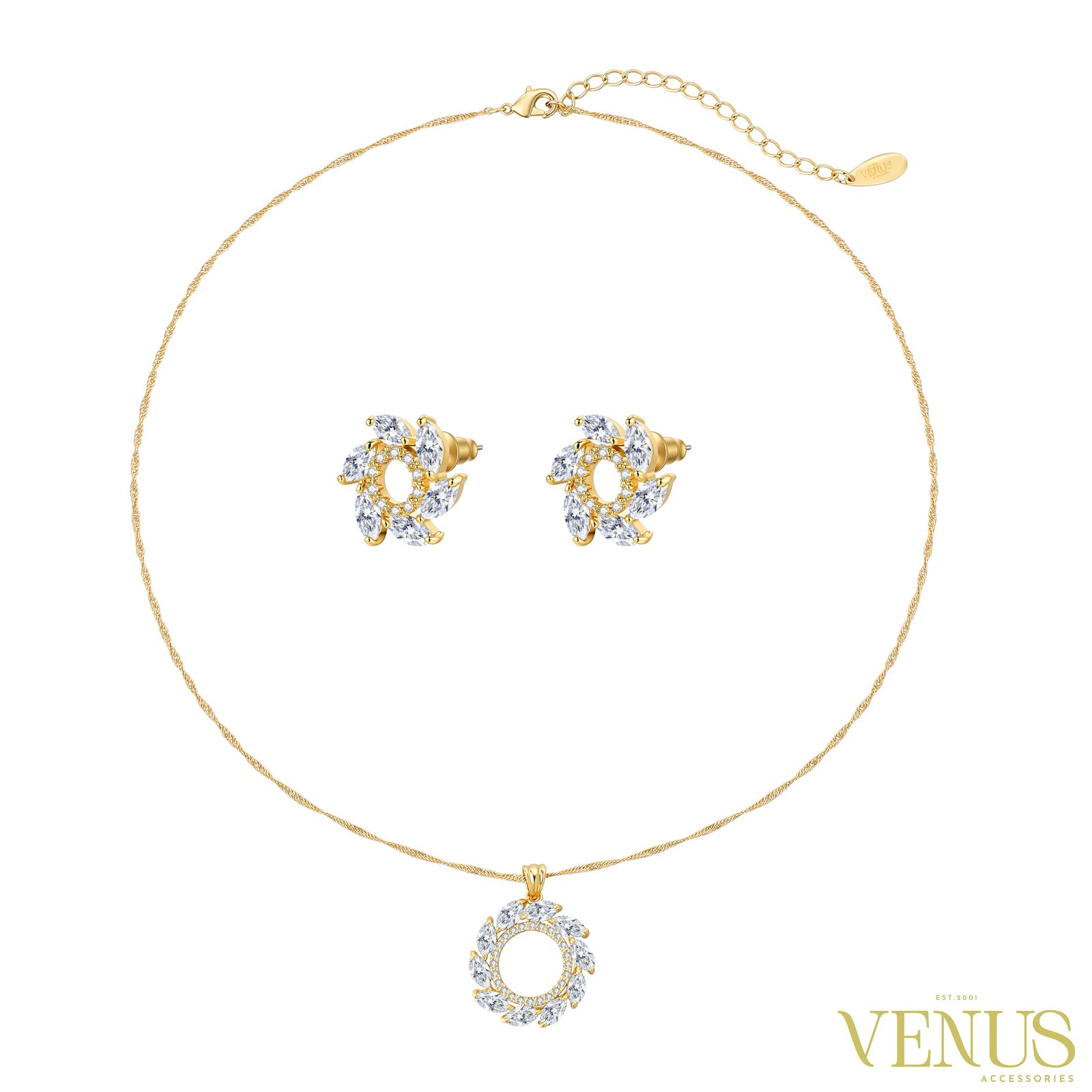 Floral Swarovski Necklace & Earring Set – Gold