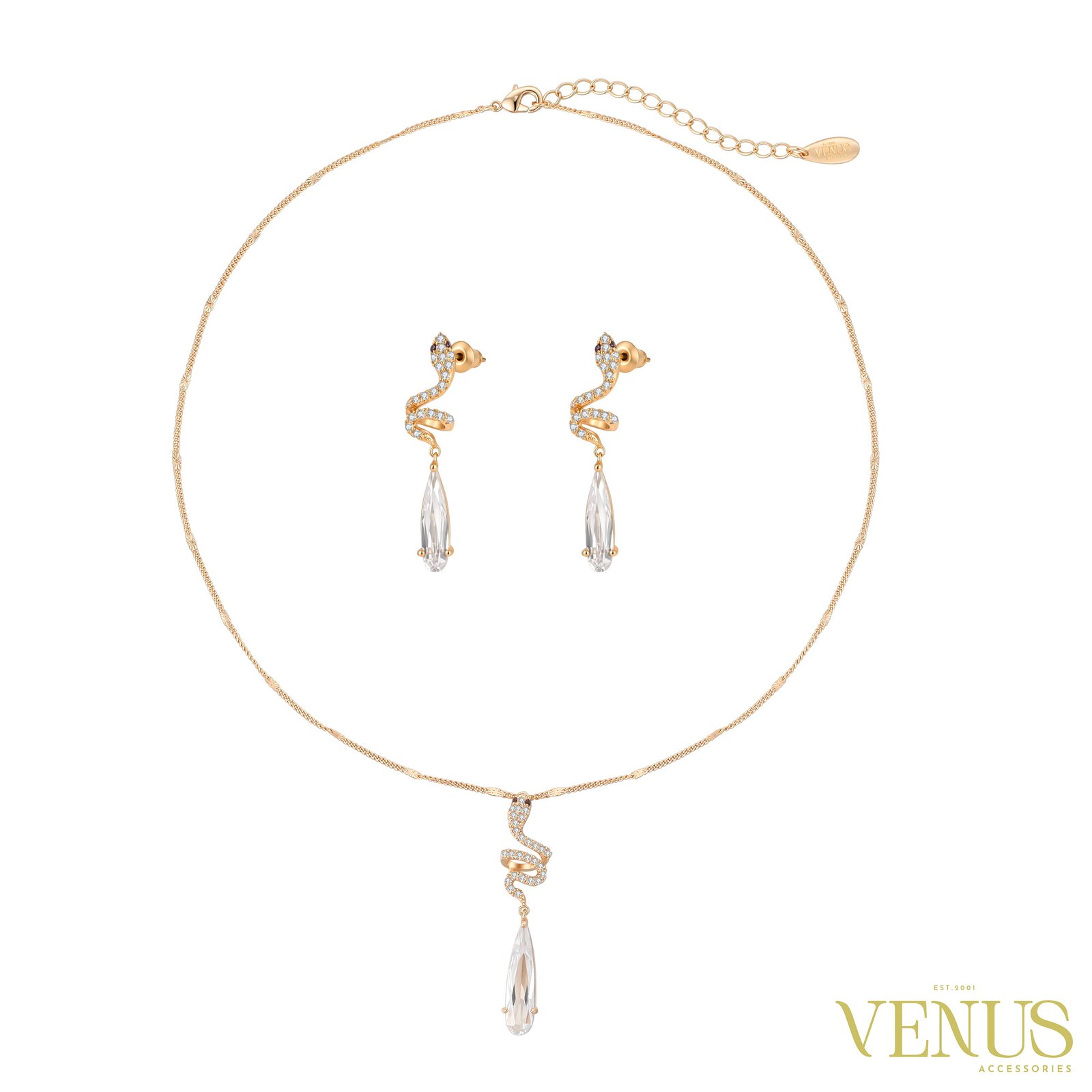 Swarovski Long Drop Necklace & Earring Set – Gold