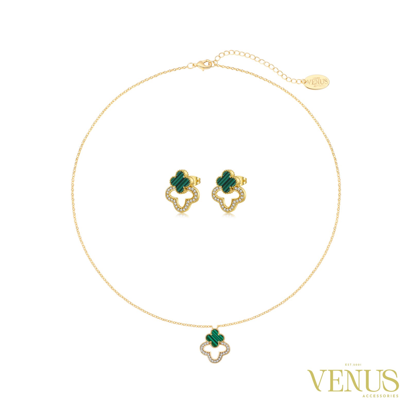 Green Clover Necklace & Earrings Set