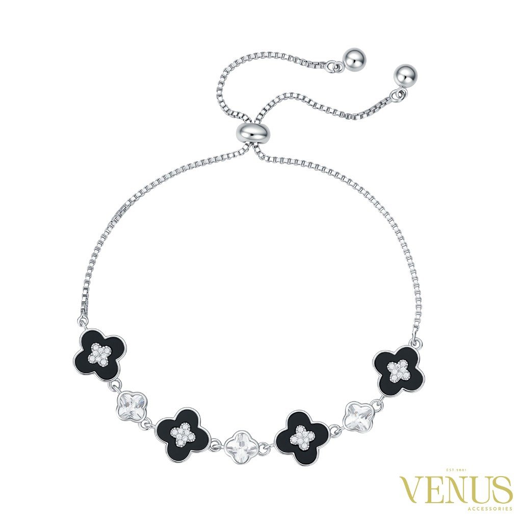 Silver Black Clover Crystal Adjustable Bracelet