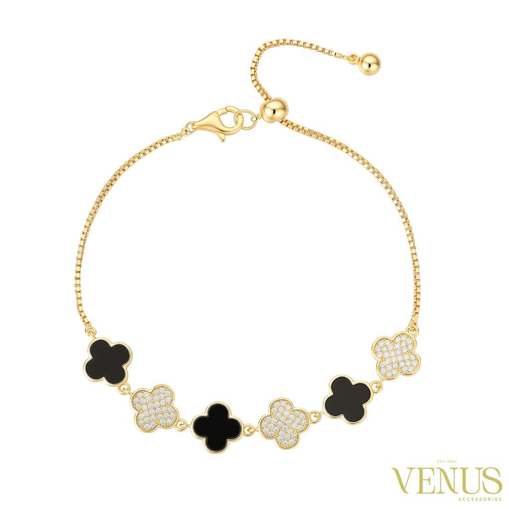 Golden Black Clover Crystal Charm Bracelet