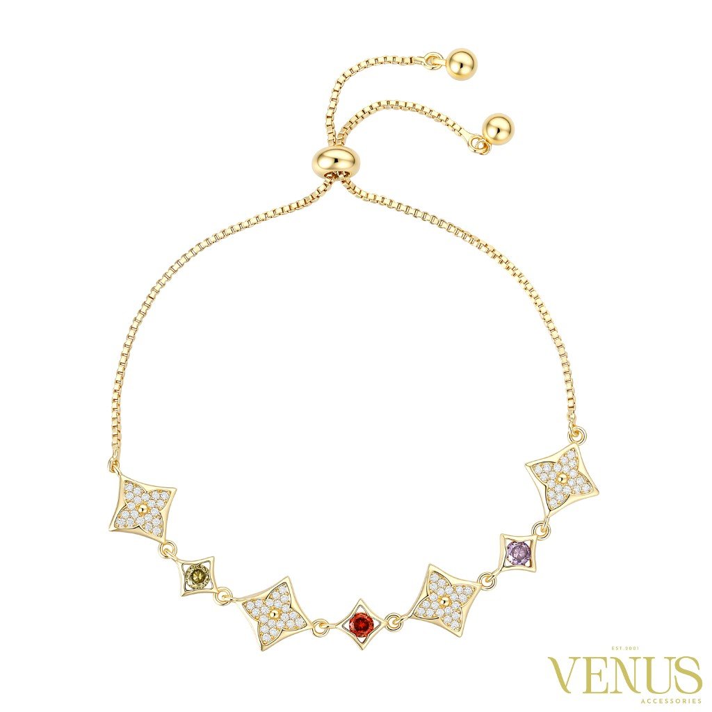 Multicolor Stone Clover Gold Adjustable Bracelet