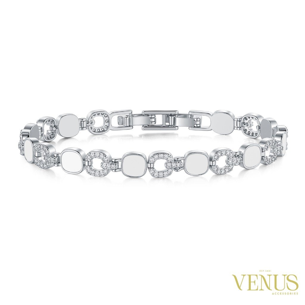 Silver Square Circle Crystal Link Bracelet